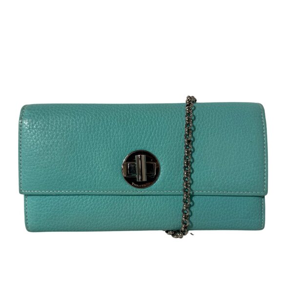 Tiffany & Co. Turn Lock Chain Wallet Elegant Turquoise Leather - Picture 1 of 4